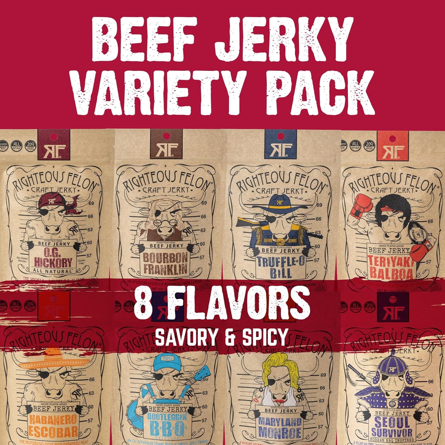 Righteous Felon Beef Jerky Sampler 8 Pack - Keto, High Protein, Low Sugar Gifts for Men