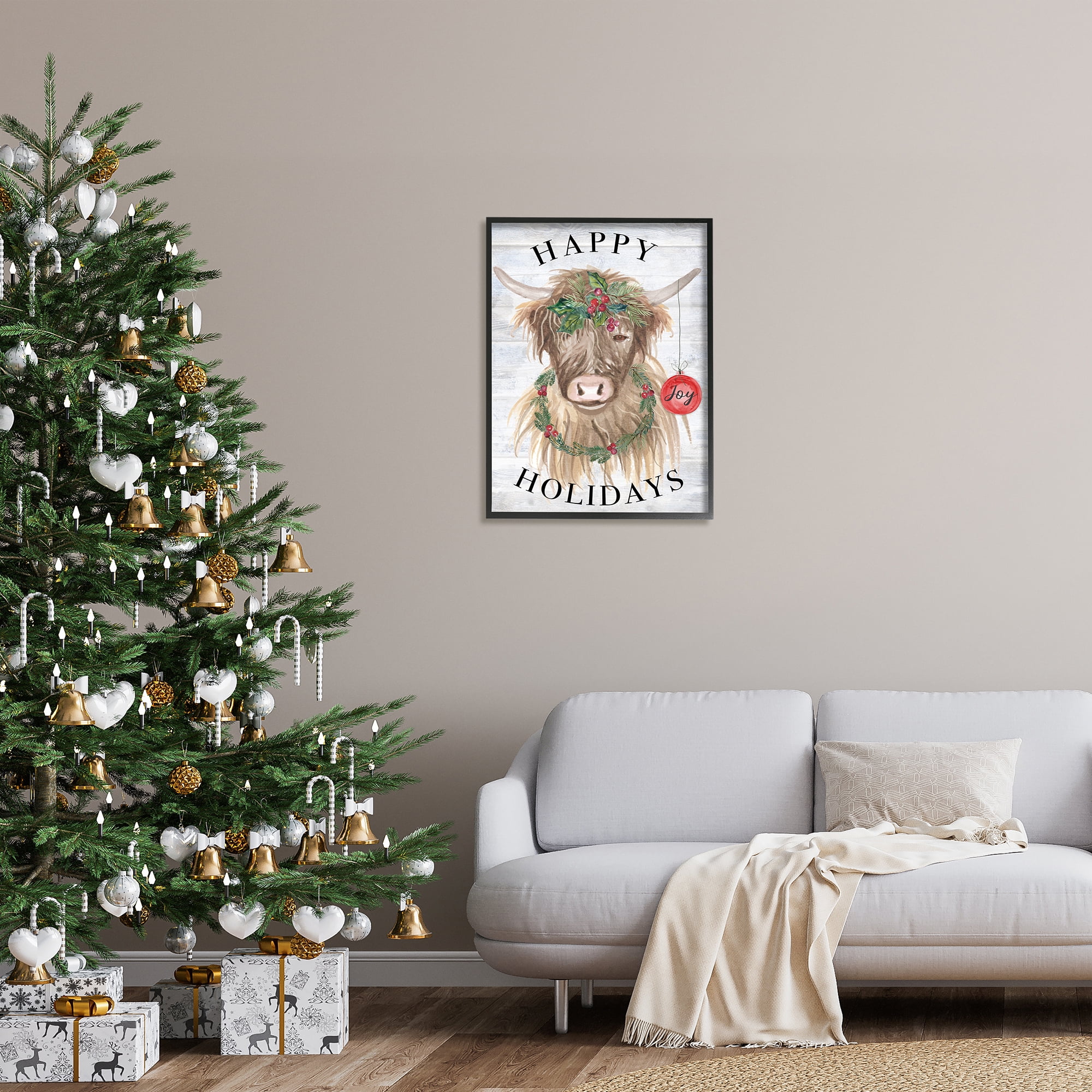 Stupell Industries Farmhouse Holiday Cow Holiday Painting Black Framed Art Print Wall Art, 24 x 30