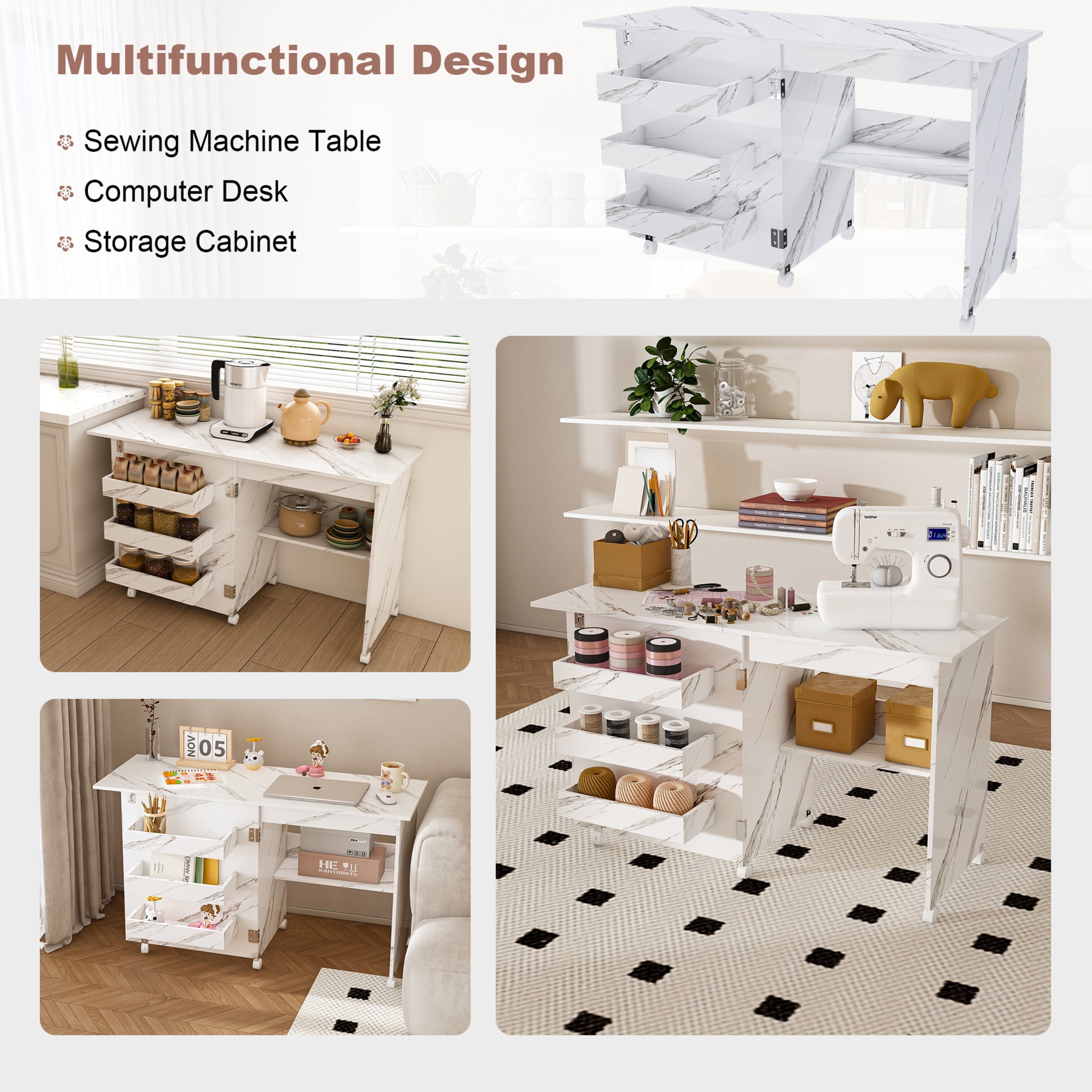 Noble House 4-in-1 Folding Sewing Table with Lockable Wheels, Computer Desk & Kitchen Storage with Shelves, White