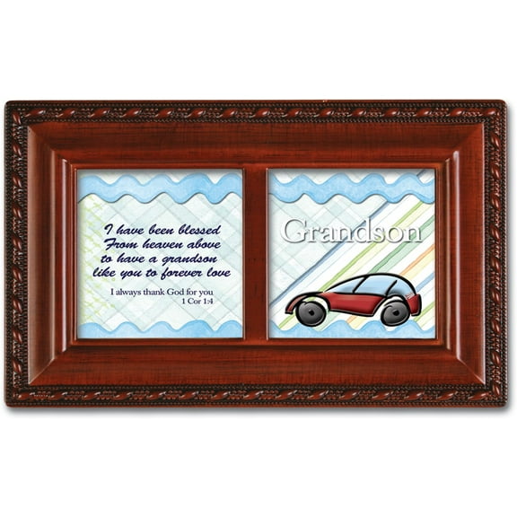 Grandson Blessed From Above Woodgrain Rope Trim Jewelry Music Box Plays Jesus Loves Me