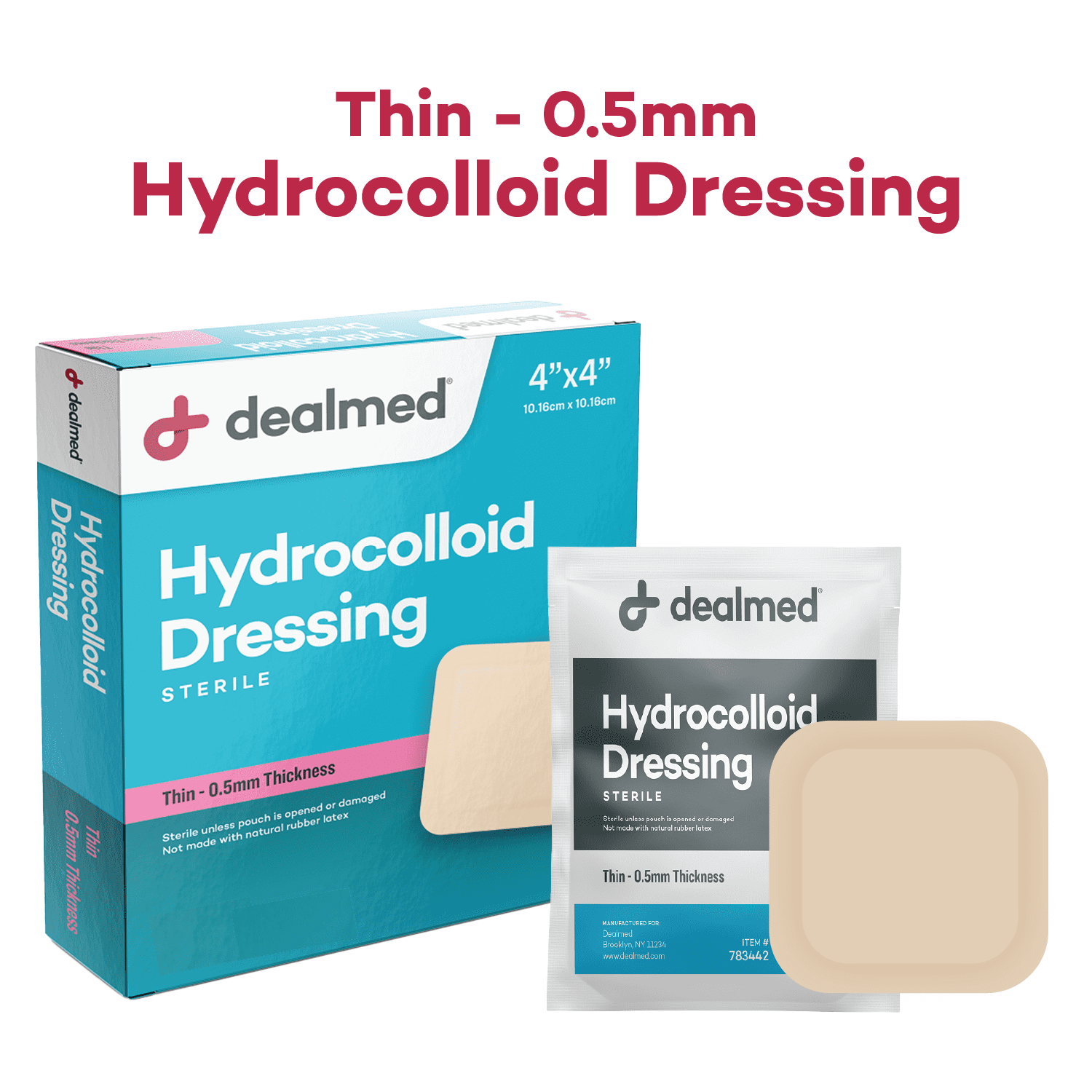 Dealmed 4" x 4" Hydrocolloid Dressing, Thin .5mm | Sterile Individually Packed Dressings | Provide Moist Wound Healing Environment (Thin, Case of 240)