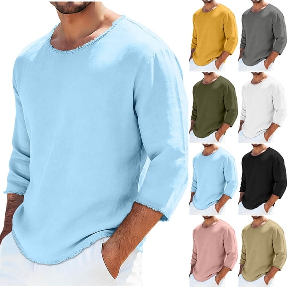 JPVDPA Linen Tops for Men 3/4 Sleeve Crew Neck Tees Raw Edges Casual Hippie T-Shirt Summer Beach Vacation Tee Shirts Gray S