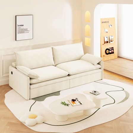 Firscook 81" 4-Seat Convertible Sleeper Sofa Bed, Chenille Deep Seat Couch with Storage, USB Port & 2-in-1 Pillow, Pull-Out Sofa for Living Room, Apartment, Beige