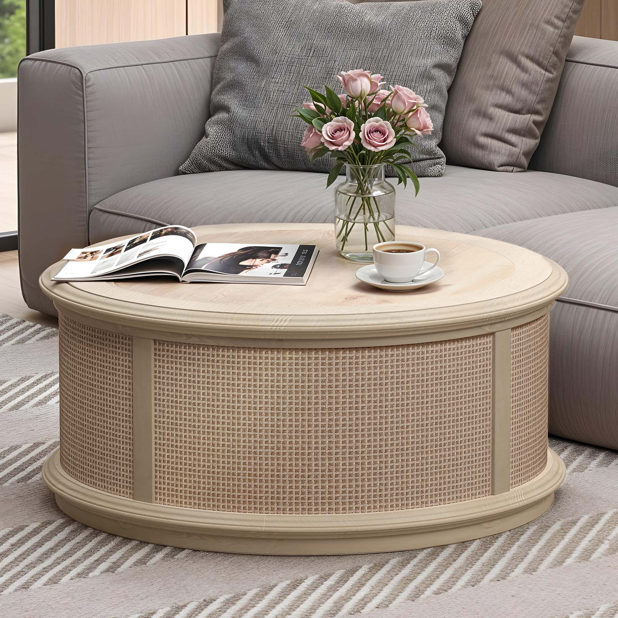 Uforic Round Rattan Drum Coffee Table with Lifting Top