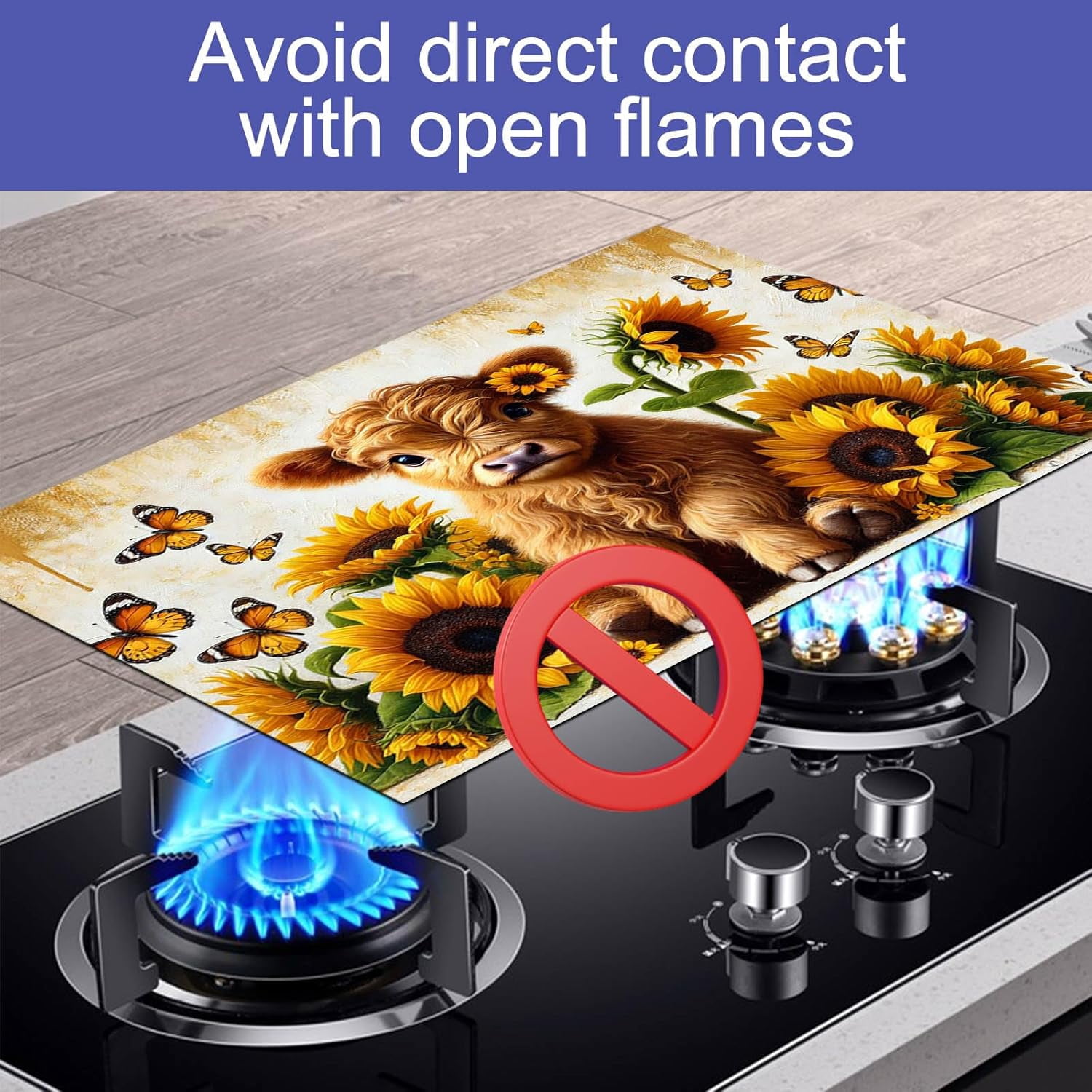 Highland Calf Stove Top Cover for Electric 28x20 Inch Diatomite Kitchen Decor Glass Cooktop Protector Heat Resistant Countertop Mat with Sunflower and Butterfly Design