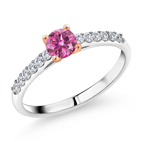 Gem Stone King 925 Sterling Silver Ring with 10K Rose Gold Prongs Pink Moissanite and Lab Grown Diamond (0.68 Cttw, Size 7)