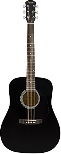 Fender Squier Dreadnought Acoustic Guitar with Gig Bag, Tuner, Strap, Strings, Picks, Instructional Book, DVD and Austin Bazaar, Black