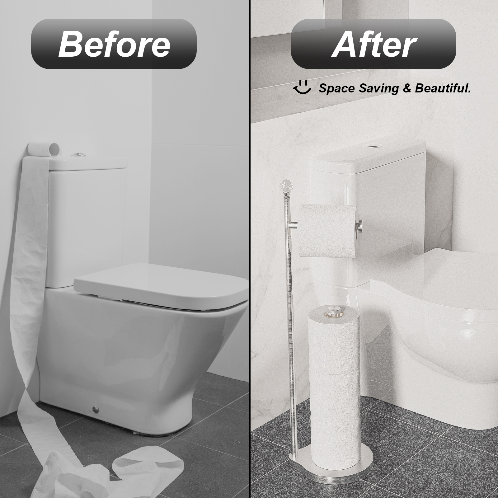 KASUNTO Toilet Paper Holder for Bathroom, Heavy Weighted Metal Free Standing Toilet Paper Storage with Crystal Ball, Toilet Paper Stand for Bathroom Accessories, Brushed Nickel [Holds MEGA Rolls]