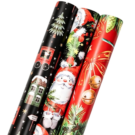 Tuonito 3-Pack Christmas Wrapping Paper Rolls, 17 in x 10 ft Each, Santa, Christmas Tree & Vintage Bell Designs