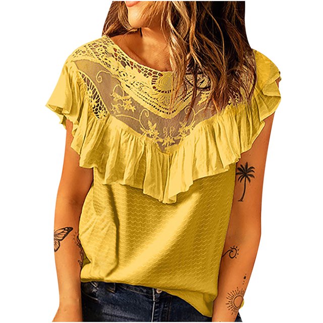 Pompotops Débardeur Blouse Sans Manches d'Été pour Femme à Col Rond en Dentelle Patchwork