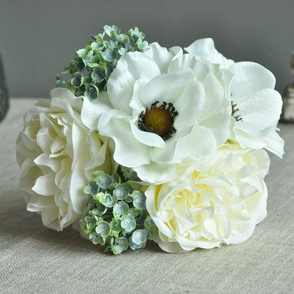 Artificial Peony Flowers Silk Peony Bouquet Anemone Fake Flower Bridal Bouquet Wedding Flowers Decoration for Table Arrangement(White)