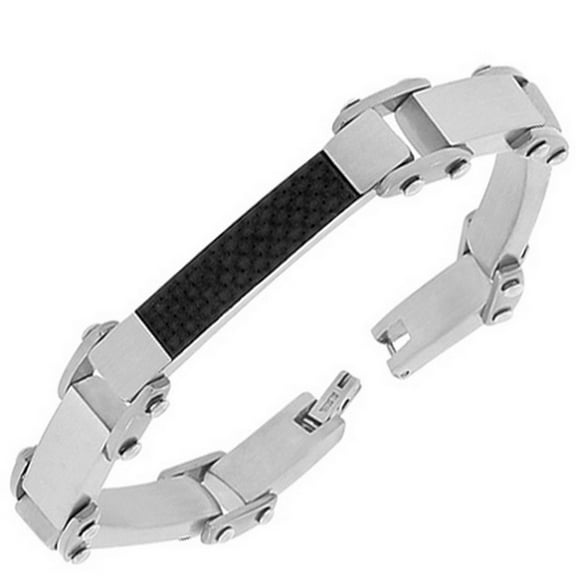 Stainless Steel Simulated Carbon Fiber Two-Tone Link Chain Mens Bracelet