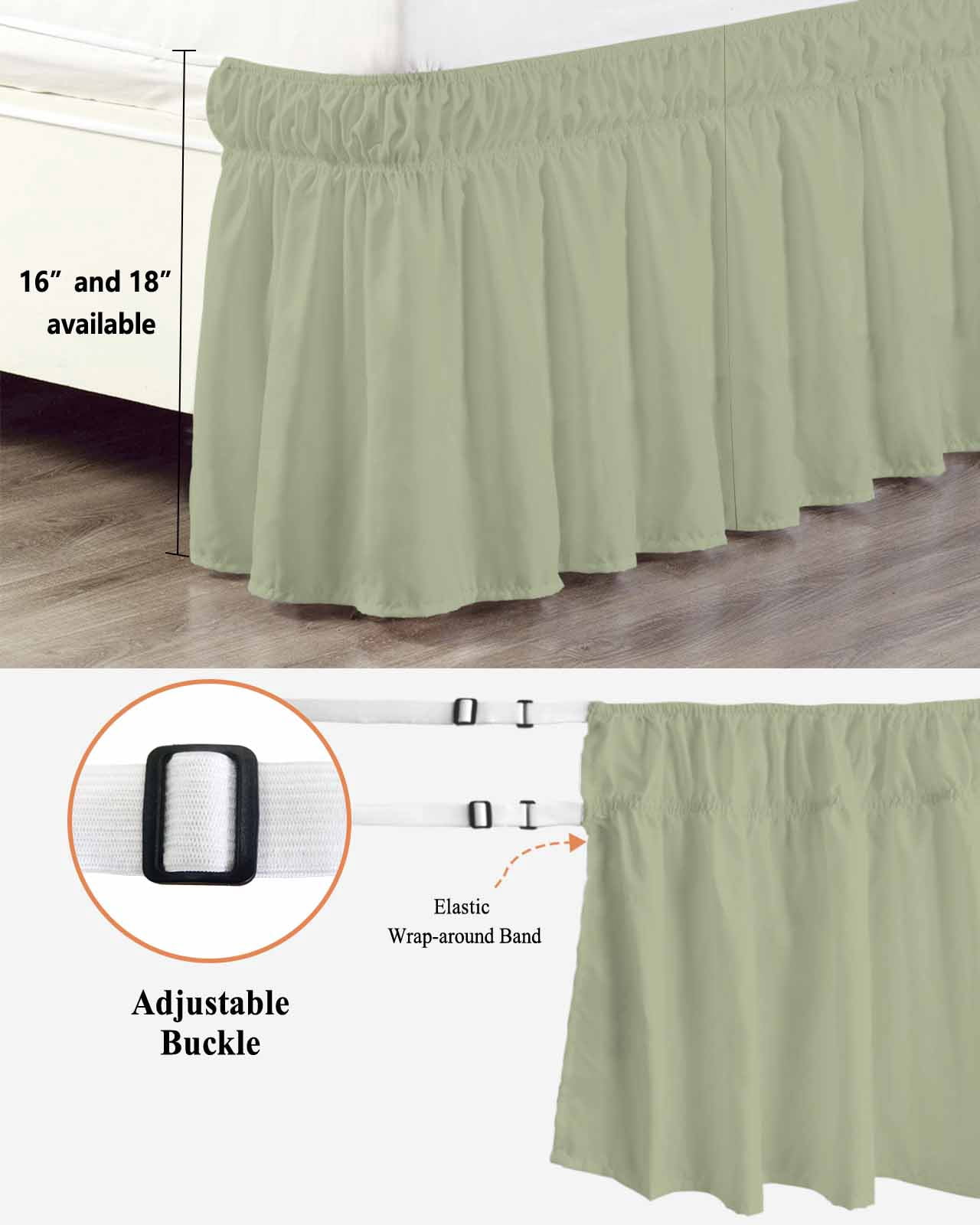 Sage Green Bed Skirt Solid Color Bed Skirts Queen Size 16 Inch Drop, Wrap Around Dust Ruffle&nbsp;Bedskirt with Adjustable Elastic Belt for Queen Size Beds