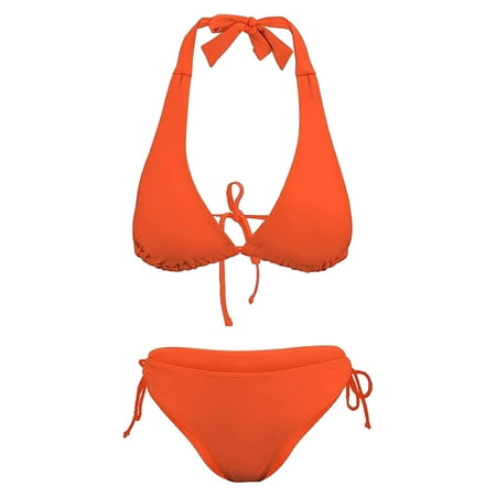 Women s Bikini two-piece swimsuit Sexy halter thong Bikini bottom tie side bikini set-orange