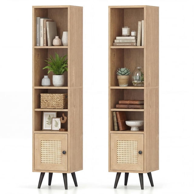 Gymax 2PCS 6-Tier Tall Narrow Bookcase w/Adjustable Shelf & Boho Style Rattan Door