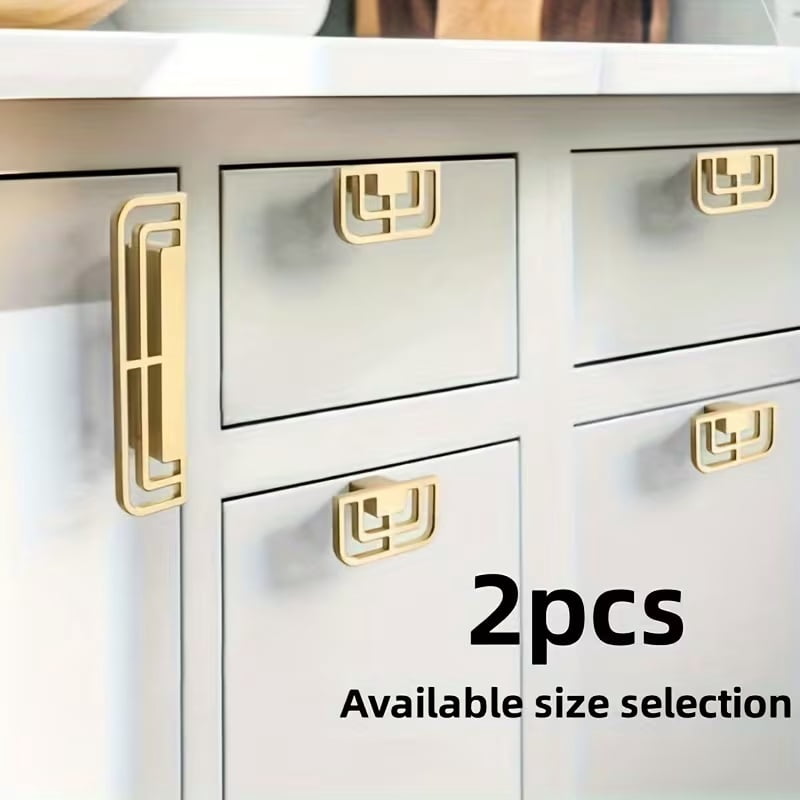 2-Pack Vintage Gold Brass Pull Handles - Round Cabinet and Drawer Handles with New Chinese Pattern for Wardrobe, Cupboards, and Furniture