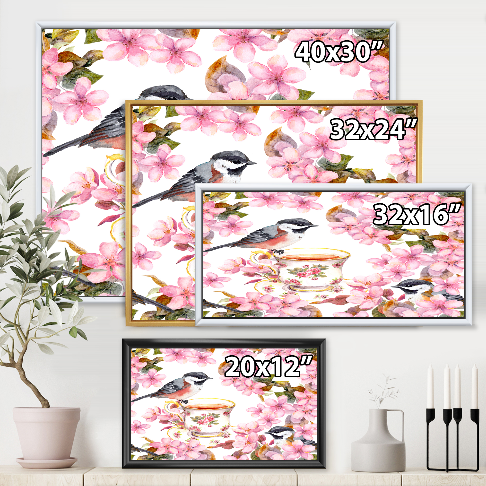 Designart 'Tea Cup Birds and Pink Flowers' Traditional Framed Canvas Wall Art Print
