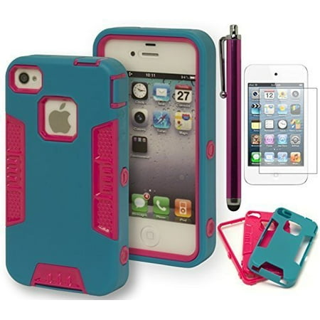 - iPhone 4 Phone Case, Bastex Heavy Duty Robotic Design Hybrid Teal Rubberized Cover Hard Hot Pink Insert Case for Apple iphone 4, 4g, 4s 4gs **INCLUDES SCREEN PROTECTOR AND STYLUS**
