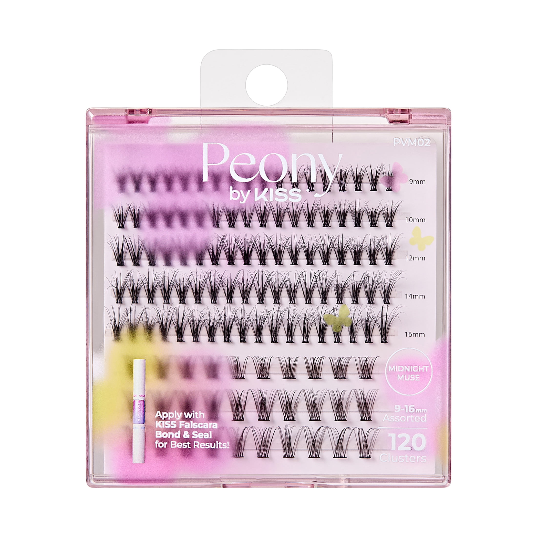 KISS Peony False Eyelashes, Lash Extension Kit, 9mm-16mm, 120 Lash Clusters - Midnight Muse and Kiss FALSCARA Bond & Seal for Lash Clusters, Adhesive Form Clear, Net Wt. 8.7 G (0.29 oz.) Bundle
