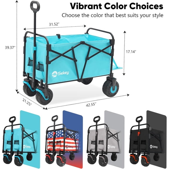 Wagon Cart with Big All-Terrain Beach Wheels, Collapsible Heavy Duty Extended Wagons with Taligate, Foldable Utility Carts for Camping, Garden, Outdoor, Grocery, Sports. Turquoise