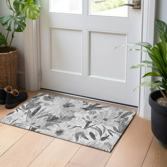 Addison Rugs Chantille Indoor/Outdoor Transitional Floral Gray Washable Rectangle Rug, 1'8" x 2'6"