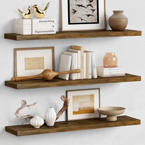 36 Inch Floating Shelves for Wall Long Set of 3, Large Deep Wall Shelves for Bedroom Living Room Decor, Rustic Wood Floating Shelf for Kitchen Closet Office TV Plants Books (Dark Brown)