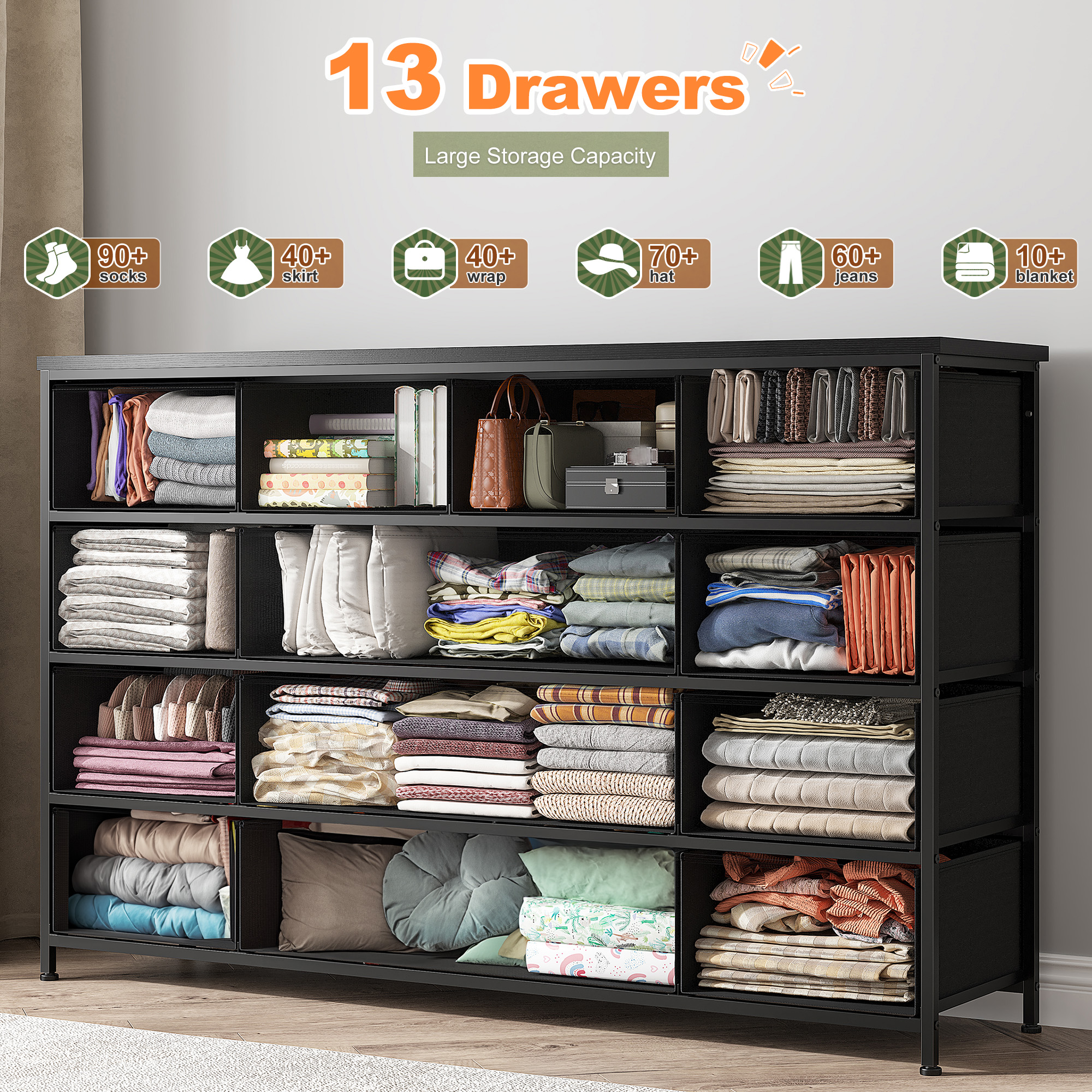Romorgniz Dresser TV Stand, 13 Drawer Dressers for Bedroom, Chest of Drawers for 45" Long TV, Fabric Dresser for Storage, Black
