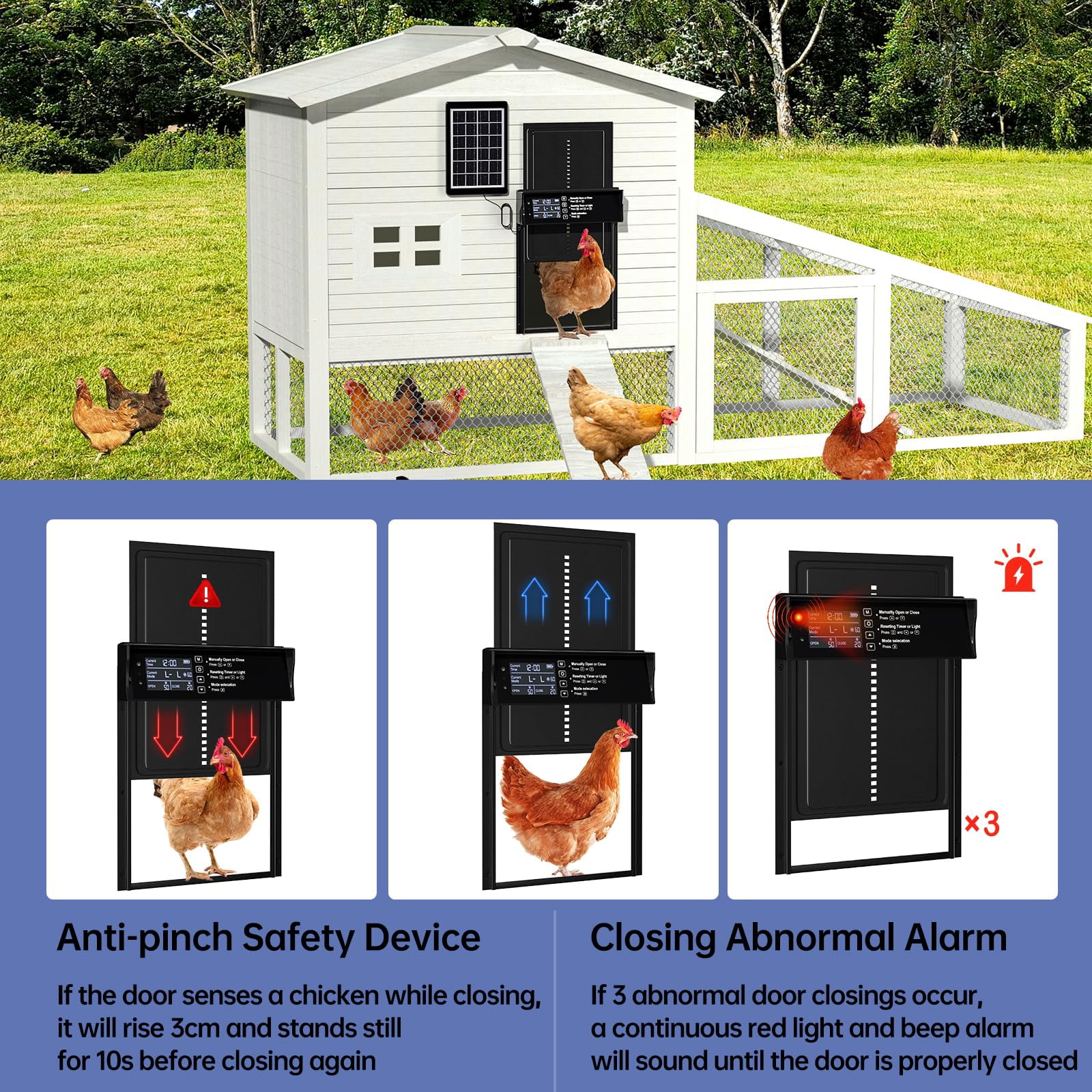 Automatic Chicken Coop Door Solar Powered Auto Chicken Door with Timer & Light Sensor, Anti-Pinch & Alert, LCD Screen, Remote Control Aluminum Waterproof,Black