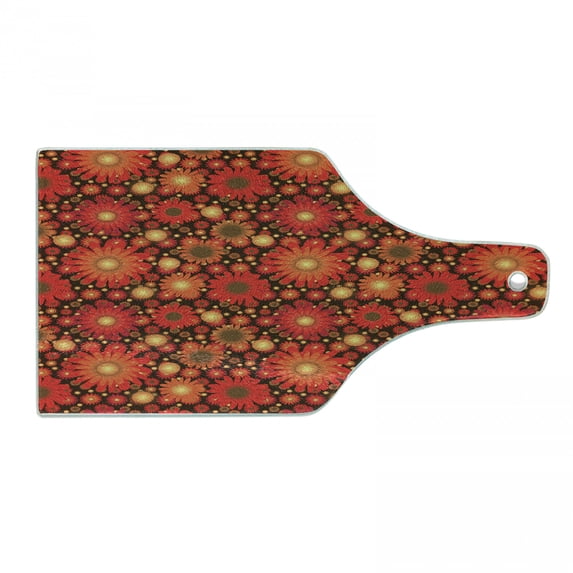Floral Cutting Board, Vivid Flowers Colored Botanical Composition Gerbera Daisies, Decorative Tempered Glass Cutting and Serving Board, Wine Bottle Shape, Dark Green Vermilion, by Ambesonne