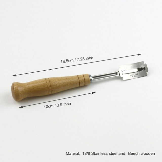 Cuchillo curvo de arco de pan de acero inoxidable, mango de madera con 5 cuchillas de repuesto