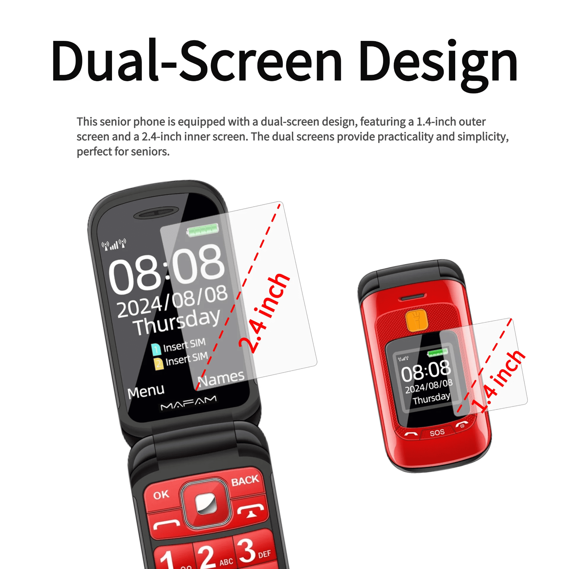 Dual Display Senior Mobile Phone Unlocked - Red
