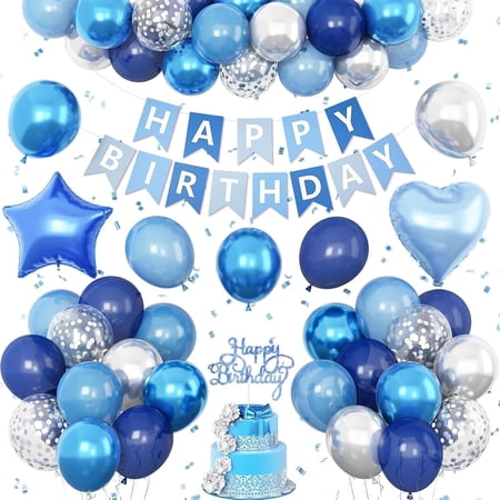 Blue Silver Birthday Decorations for Boys Men,Dark Navy Metallic Confetti Latex Party Balloon Star Heart Foil Balloon Cake Topper Blue Party Supplies Decor
