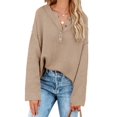 thumbnail image 3 of Fall Winter Women Long Sleeve V-neck Cable Knit Sweater Button Pullover, 3 of 5