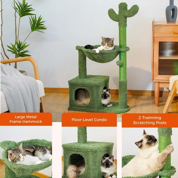 Cactus Cat Tree 40" Cat Tower with Large Metal Carpet Hammock, Cat Scratching Post for Indoor Cats with Condo& Dangling Ball, Green