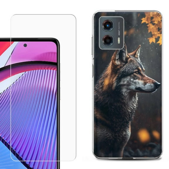 OneToughShield ® Compatible with Motorola Moto G 5G 2023, Shockproof Phone Case, with Tempered Glass Screen Protector - Wolf Autumn