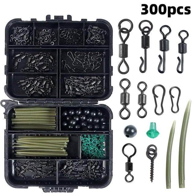 Carp Fishing Kits Swivel Snaps Matte Black Quick Change Rolling Swivel Speed Links Anti-Tangle Sleeve Hook Stops Beads Screws Rigs with Fishing Accessories Box 300 PCS