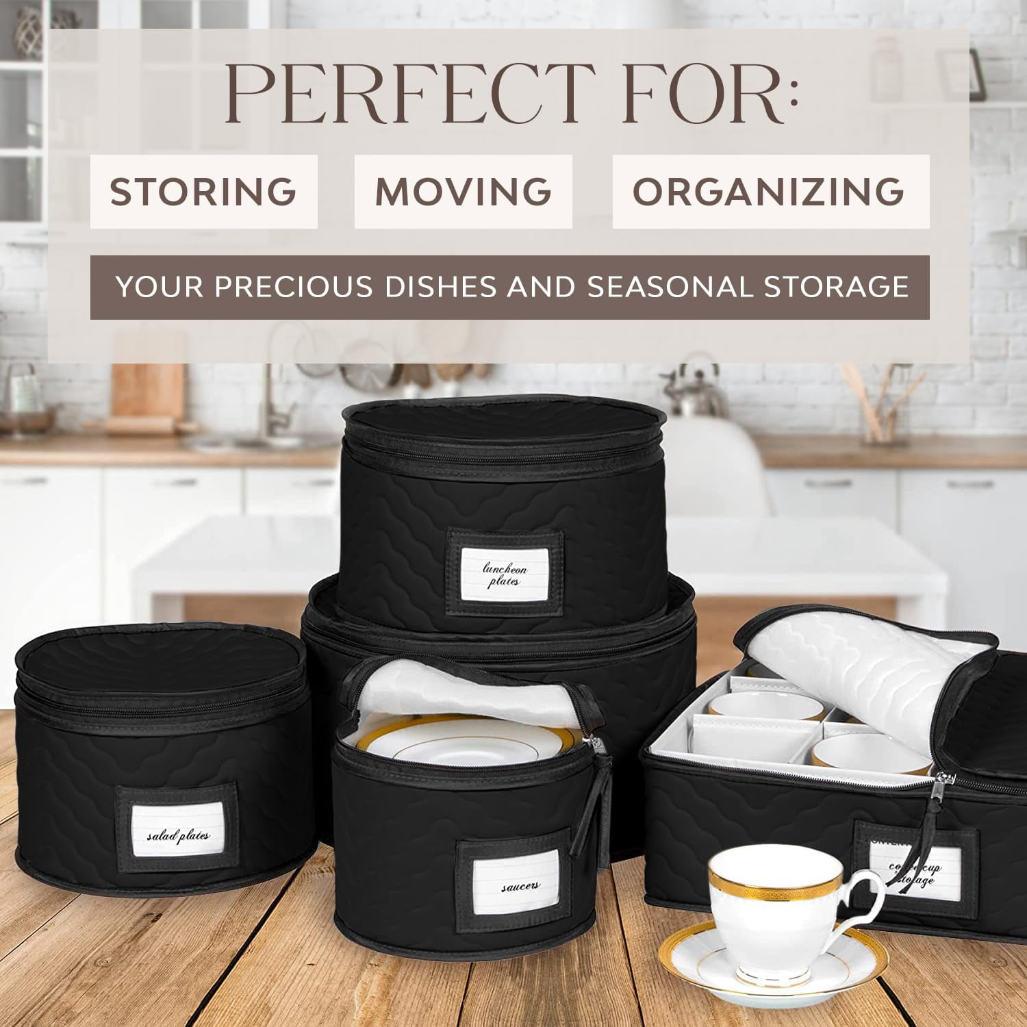 China Storage Containers 5-Piece Set Moving Boxes for Dinnerware, Glasses, Plates, Mugs and Saucers Sturdy Quilted Microfiber Dish Organizer with Dividers for Seasonal Storage - Holds Set of 12