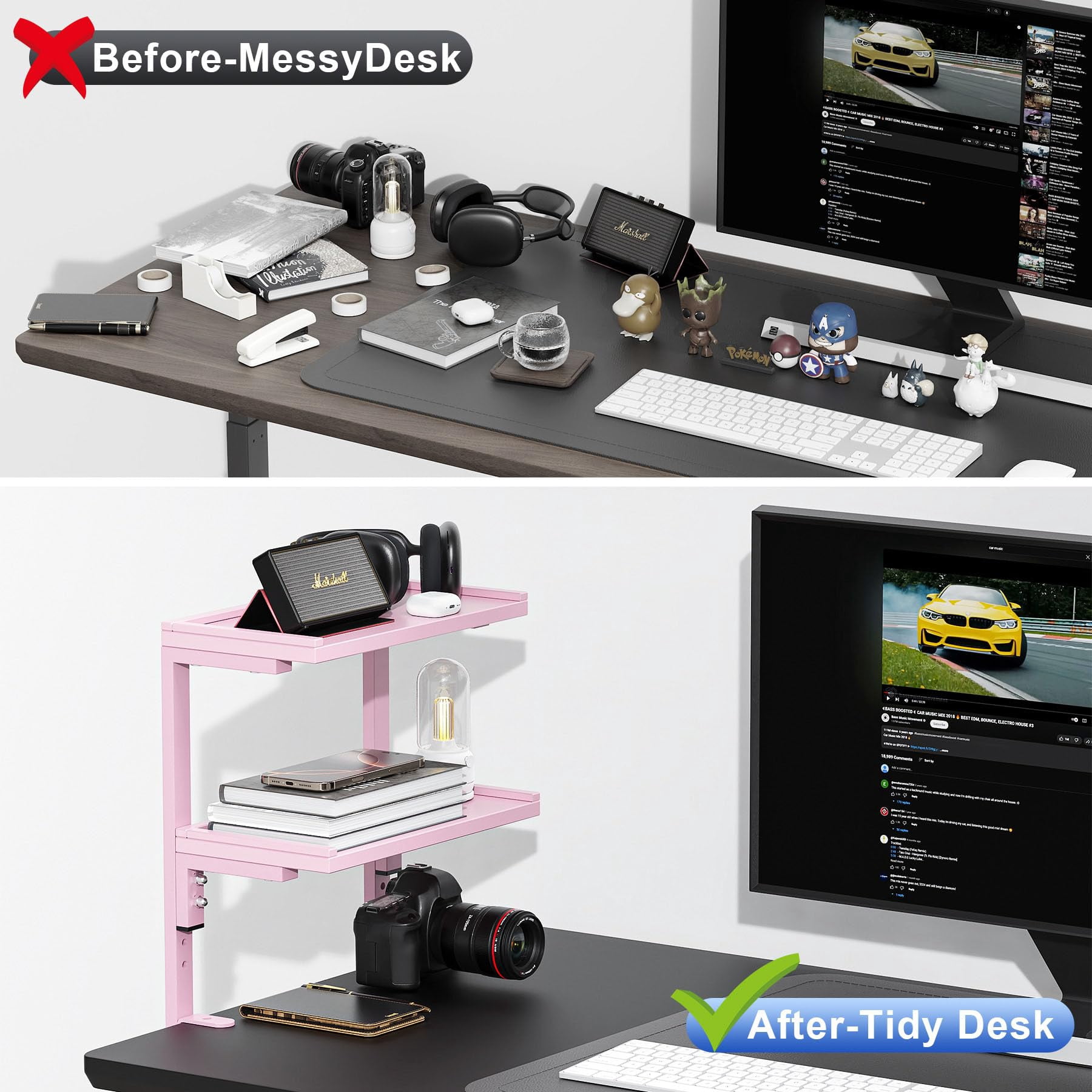 2-tier Desk Shelf  Expandable Under Storage Clamp On Desktop Accessories For Offices Study Rooms And Game (pink)