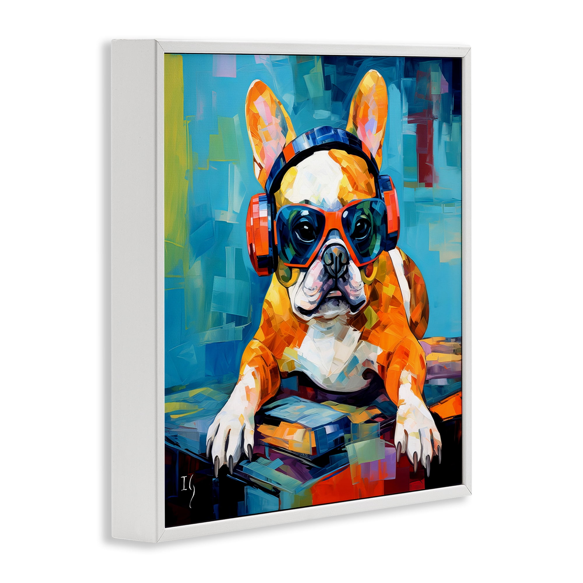 Stupell Industries French Bulldog with Headphones Animals & Insects Painting White Framed Art Print Wall Art, 17 x 17