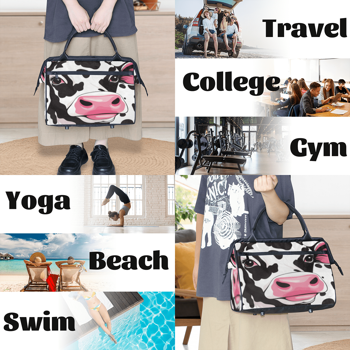 Herdesigns Cow Weekender Travel Duffel Bag Funny Carry On Overnight Gym Hospital Bag Personal Item Travel Bag