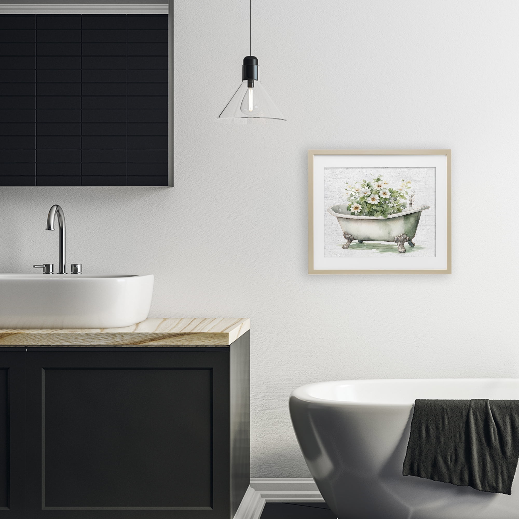 Boho Tub with Daisies Birch Framed Print Under Glass, design by Lettered and Lined