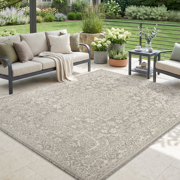 SIXHOME 8'x10' Outdoor Rug, Farmhouse Medallion Patio Rug, Indoor Outdoor Polypropylene Weave Textured Carpet, Water-Resistant, Quick-Dry Rug for Porch, Balcony, RV, Garden, Neutral Gray