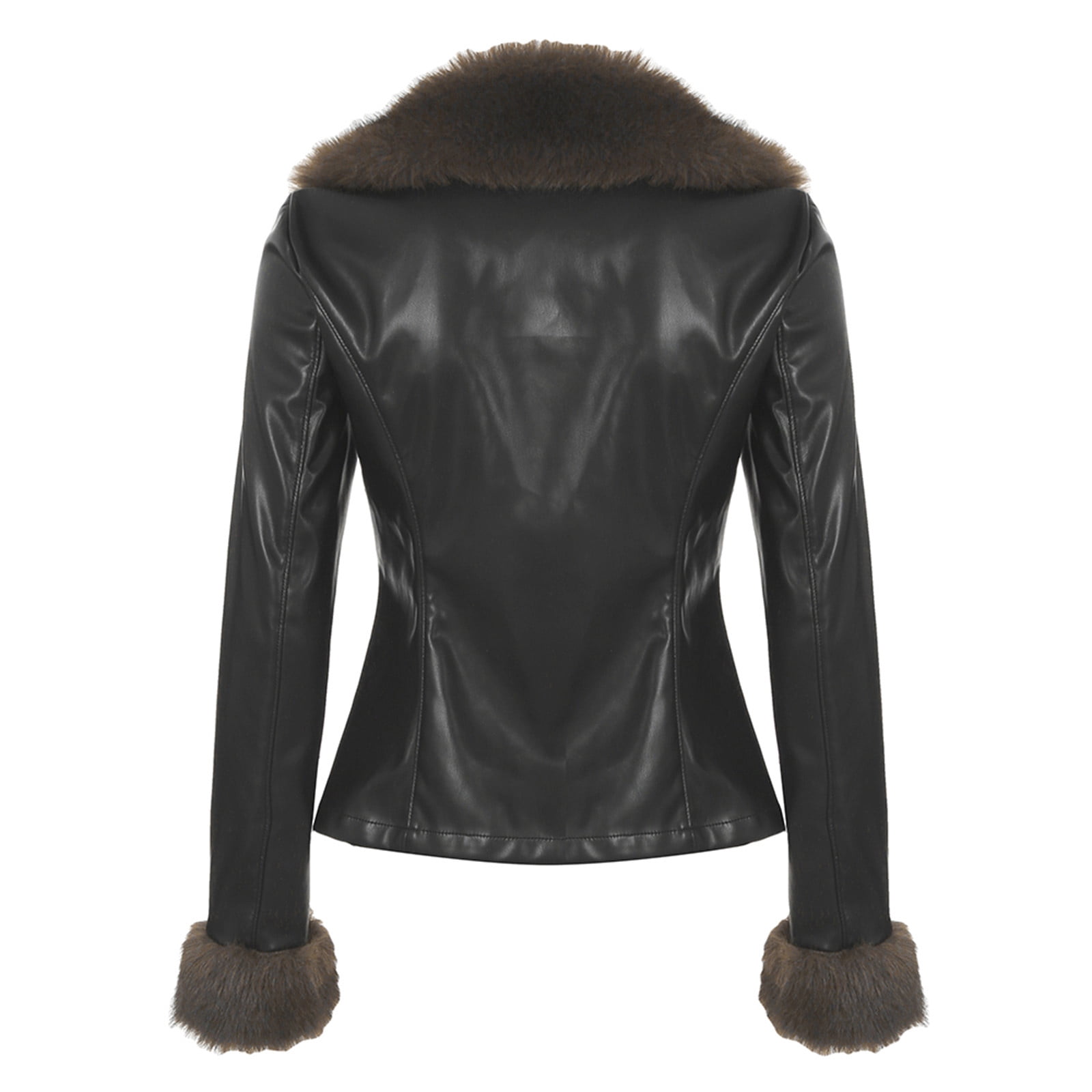 LEBONYARD Women's Trendy Vintage Style Faux Leather Plush Collar Cuff Solid Colored Warm Fit Long Sleeve Casual Outerwear Moto Biker Button Jacket