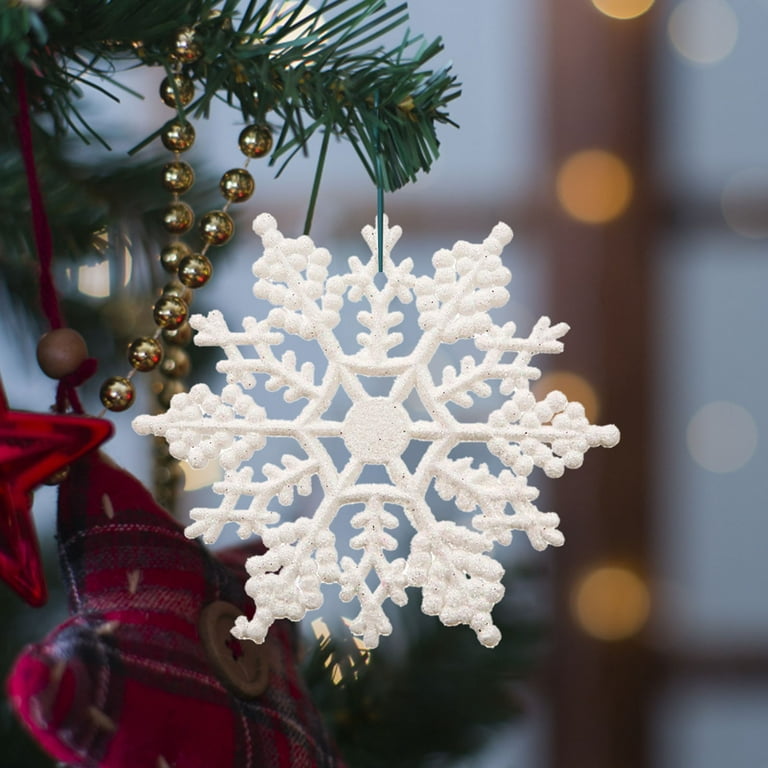 Heiheiup 4 Inch Pack Of 36 White Glitter Snowflake Ornaments Xmas Tree  Hanging Decoration Thin Clear String for Hanging 