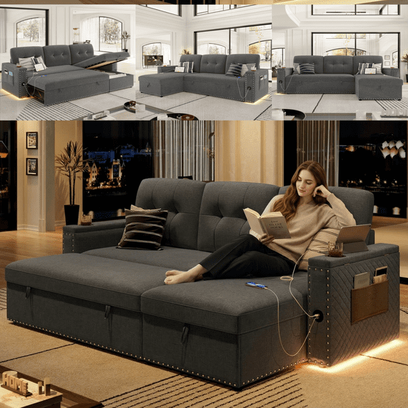 Homfa Gray Sofa Bed with Storage & USB Charging Port, L Shaped Sofa Bed Couches with Storage & Pull out Bed for Living Room