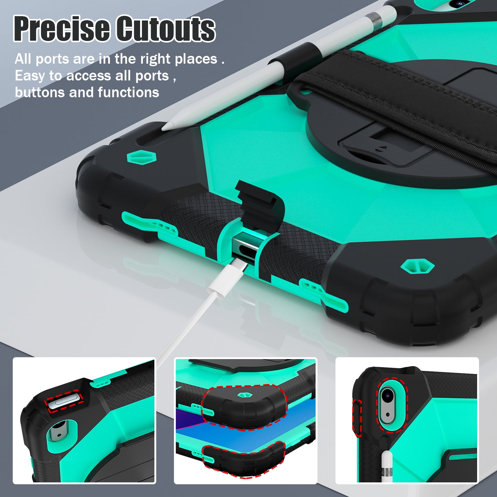 ELEHOLD Rugged Hybrid Case for iPad 11th Gen (A16) 2025 11-inch,with Built-in Kickstand 360° Rotating Handstrap Pencil Holder Crossbody Shoulder Strap Shockproof Heavy Duty Case,Black/Mint