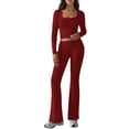 thumbnail image 1 of 2 Piece Square Neck Lounge Set Womens Wide Leg Pants Slightly Crop Top Sweatsuit Sets Wine Red M, 1 of 9