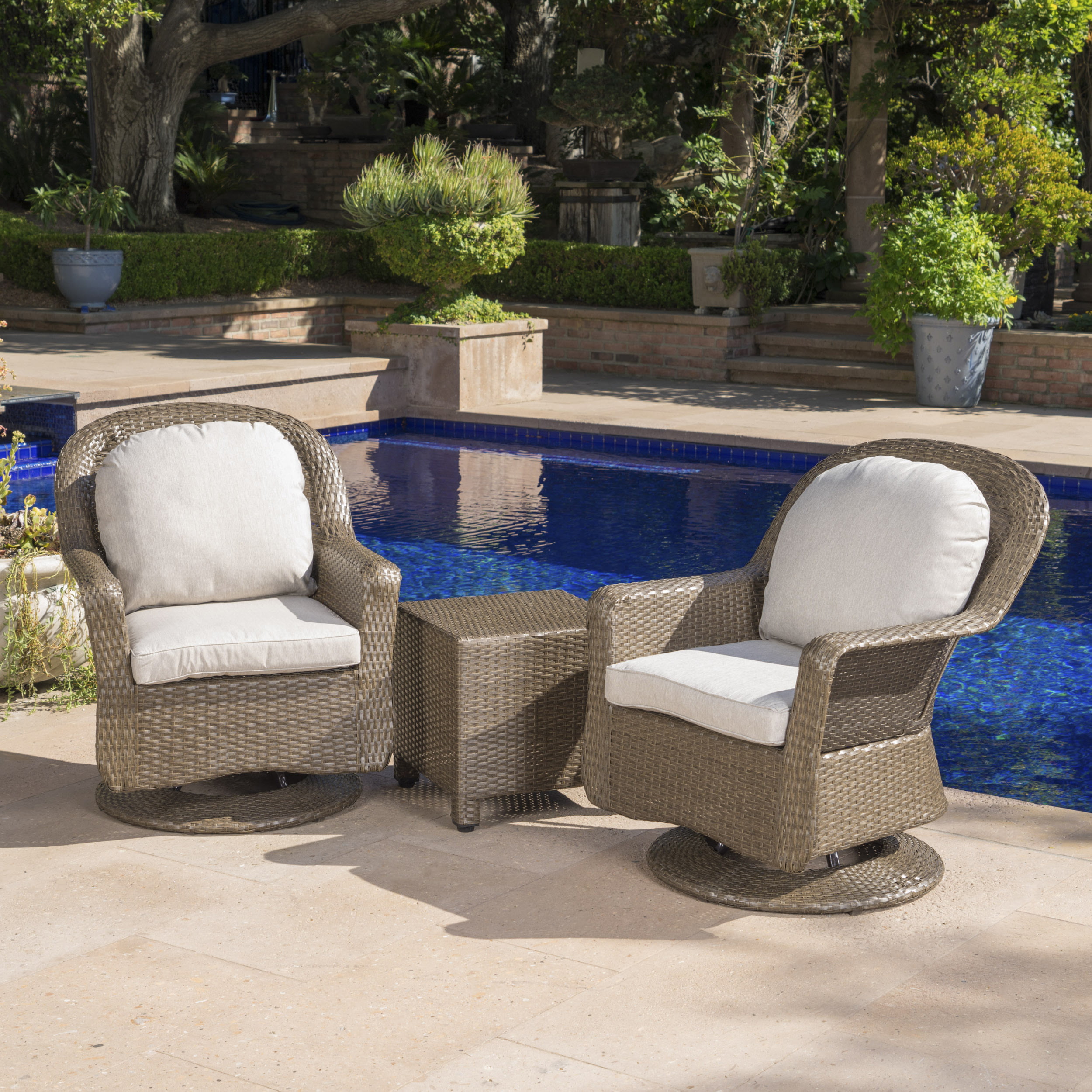 Linsten Outdoor Wicker Swivel Club Chairs and Side Table Set with Water
