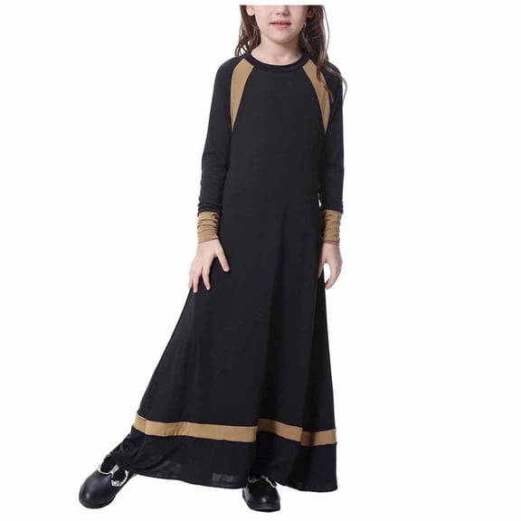 Toddler Little Girls Dress New Muslim Long Dress Medium Big Girls Long Sleeve V Neck Colorblock Dress Girls Dress for Dance Kids Prom Dress Black New