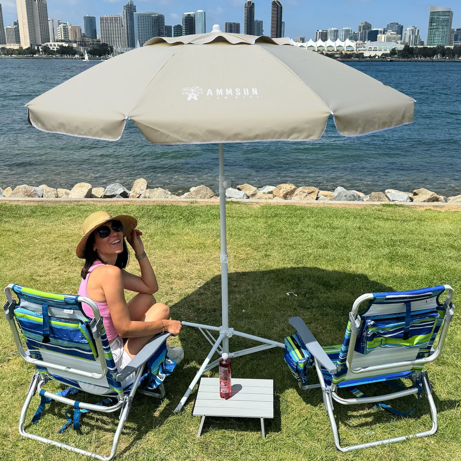 AMMSUN 6.5ft Lightweight Sports Beach Umbrella Portable Shade with Stand for Outdoor Games,Beige